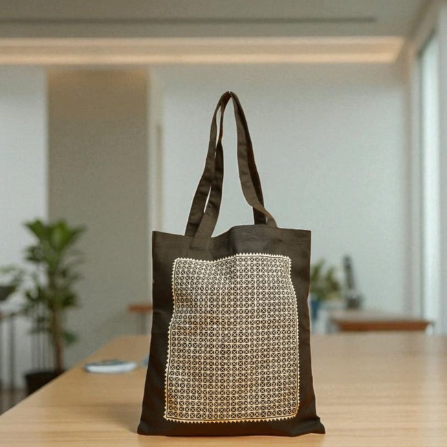 Black Hase Chittara Cotton Tote Bag – Hand-Painted Folk Art Bag