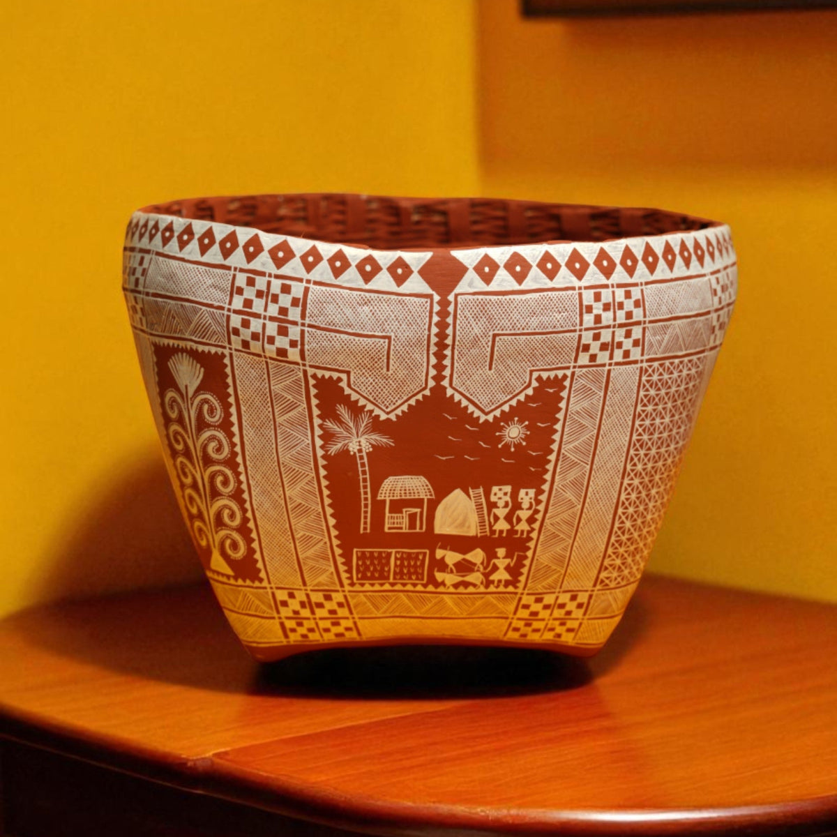 Hase Chittara Bamboo Basket – Hand-Painted Red and White Folk Art Basket