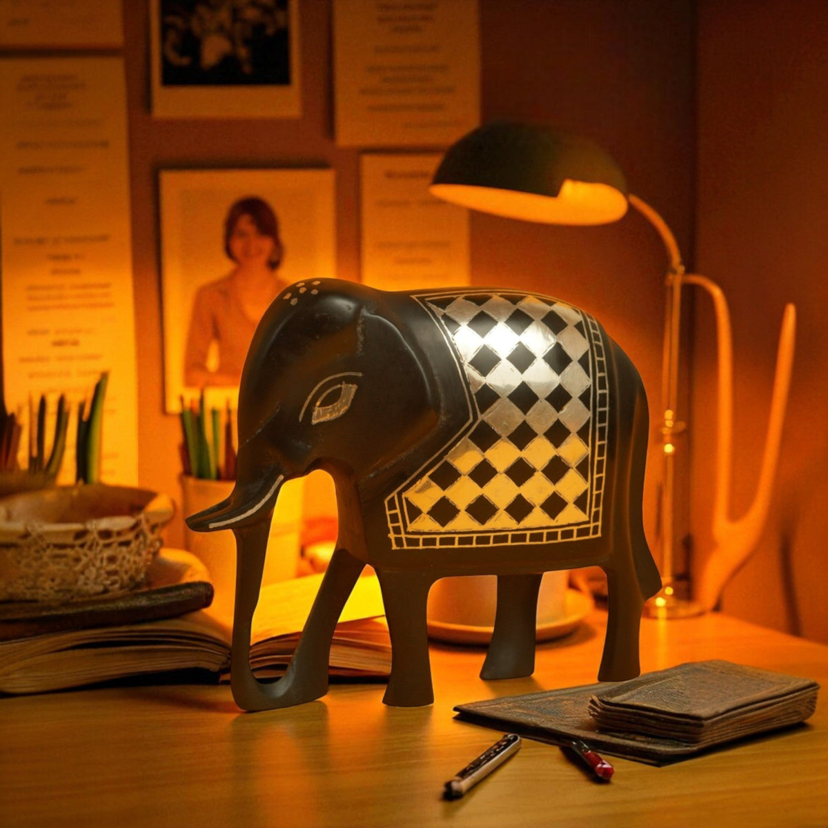 Elephant Bidri Art Figurine with Silver Checked Inlay – view 4