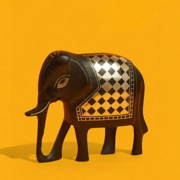 Elephant Bidri Art Figurine with Silver Checked Inlay