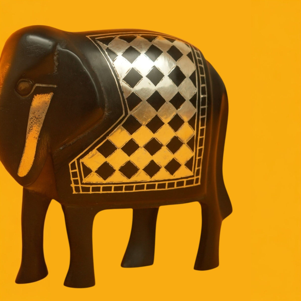 Elephant Bidri Art Figurine with Silver Checked Inlay – view 3