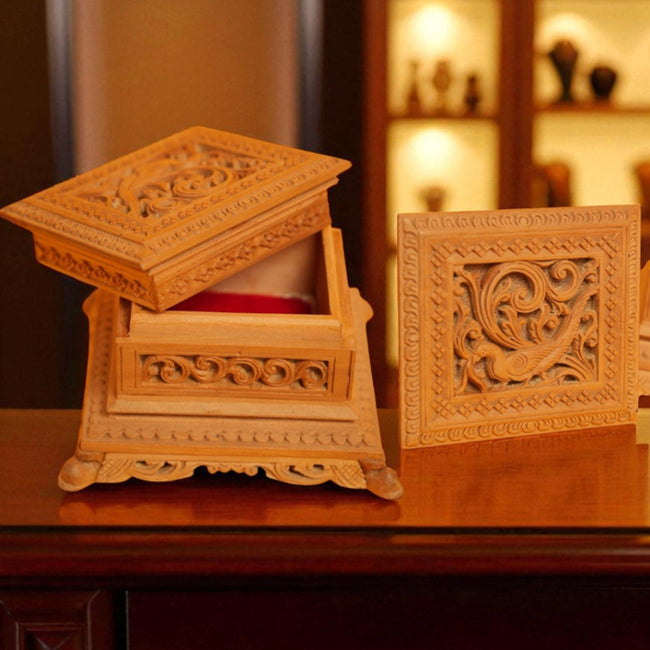 Peacock Jewellery Box in Shivani Wood – Hand-Carved Lidded Keepsake Box