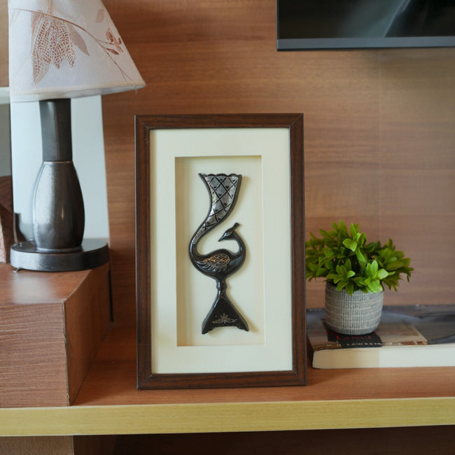Single Peacock Bidri Art Wall Hanging – Framed Black and Silver Wall Décor