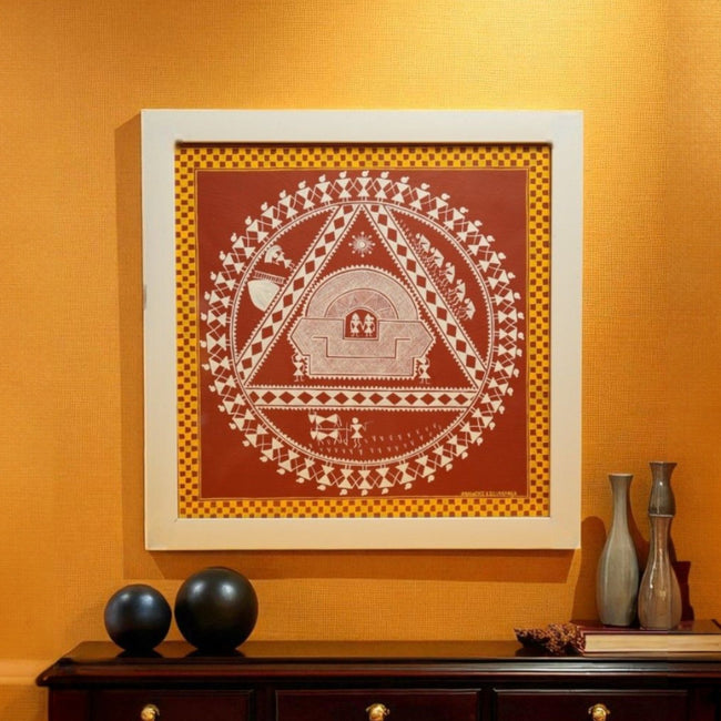 Hase Chittara Painting – Red, Yellow and White Framed Folk Art