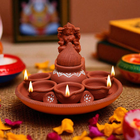 Handcrafted Terracotta Pancha Kalasa Deepa – Set of 2