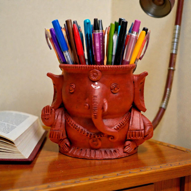 Handcrafted Terracotta Ganesha Pen Stand – Set of 2