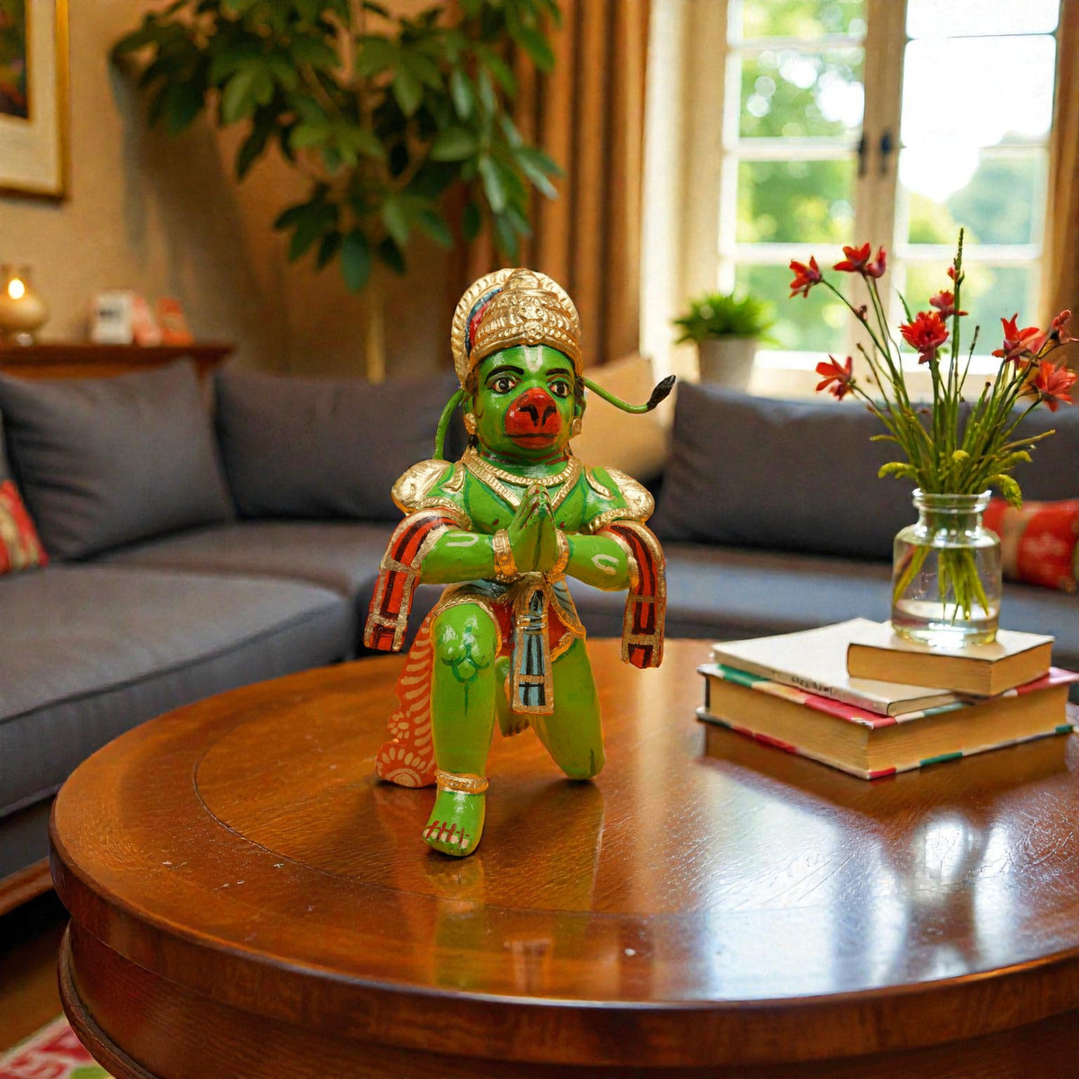 Hanuman Kinnal Art Wooden Figurine – Hand-Painted Kneeling Hanuman Statue