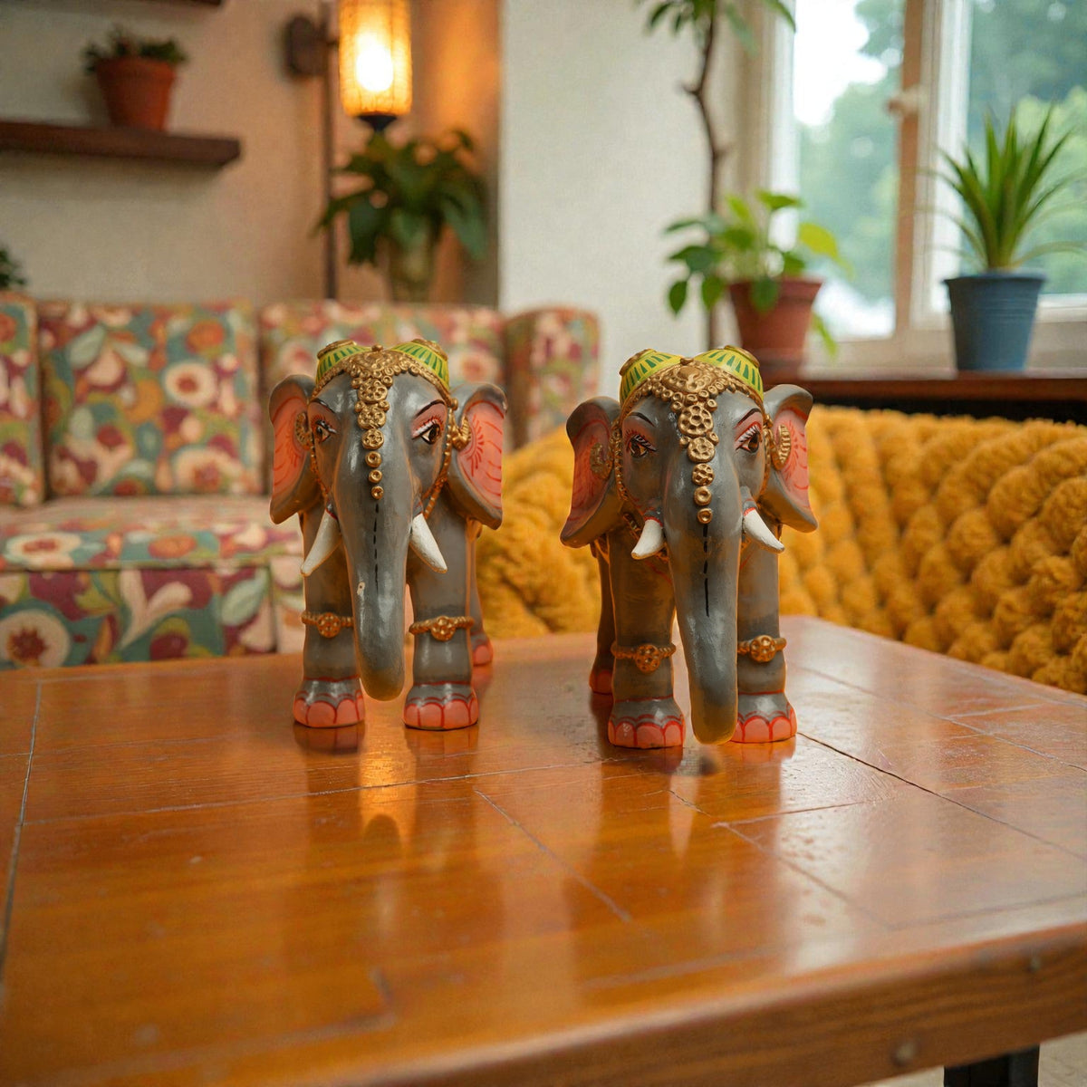 Elephant Kinnal Art Wooden Figurines (Set of 2) – Hand-Painted Decorative Elephants