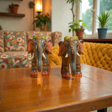 Elephant Kinnal Art Wooden Figurines (Set of 2)