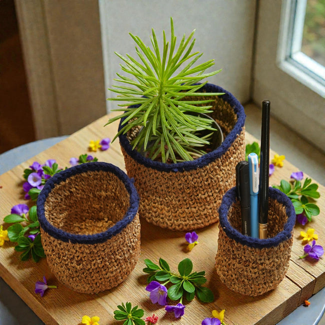Banana Fibre Plant Holders (Set of 3) – Handwoven Nesting Planter Baskets