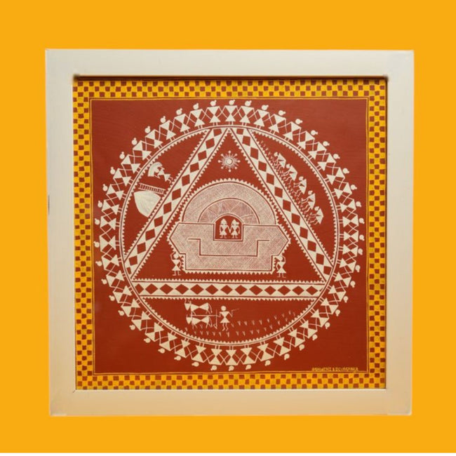 Hase Chittara Painting – Red, Yellow and White Framed Folk Art