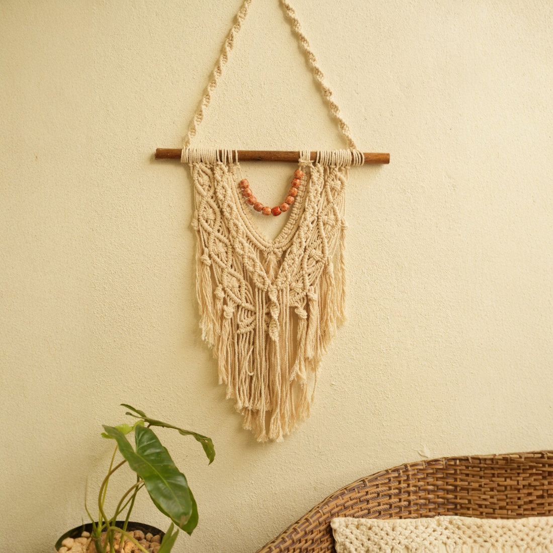 Macramé Wall Hanging with Wooden Dowel and Beads