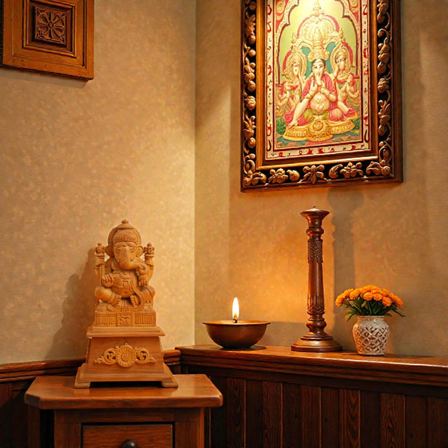 Sandalwood Ganapathi Idol – Hand-Carved Seated Ganesha on Pedestal