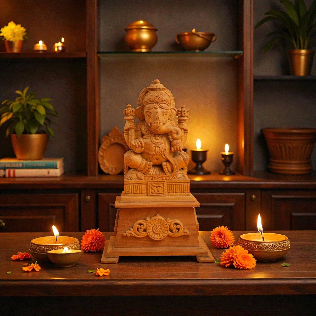 Sandalwood Ganapathi Idol – Hand-Carved Seated Ganesha on Pedestal