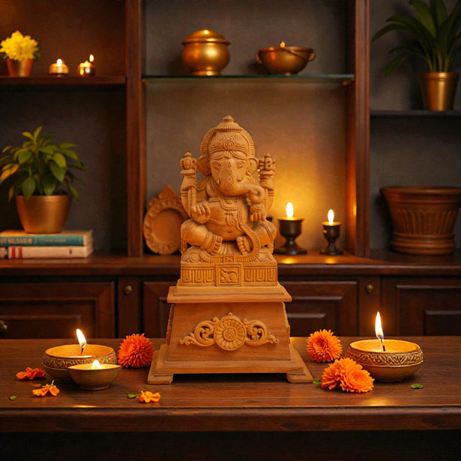 Sandalwood Ganapathi Idol – Hand-Carved Seated Ganesha on Pedestal