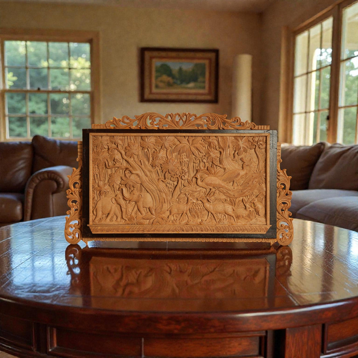 Sandalwood Jungle Scene Carving – Hand-Carved Wildlife Relief Panel