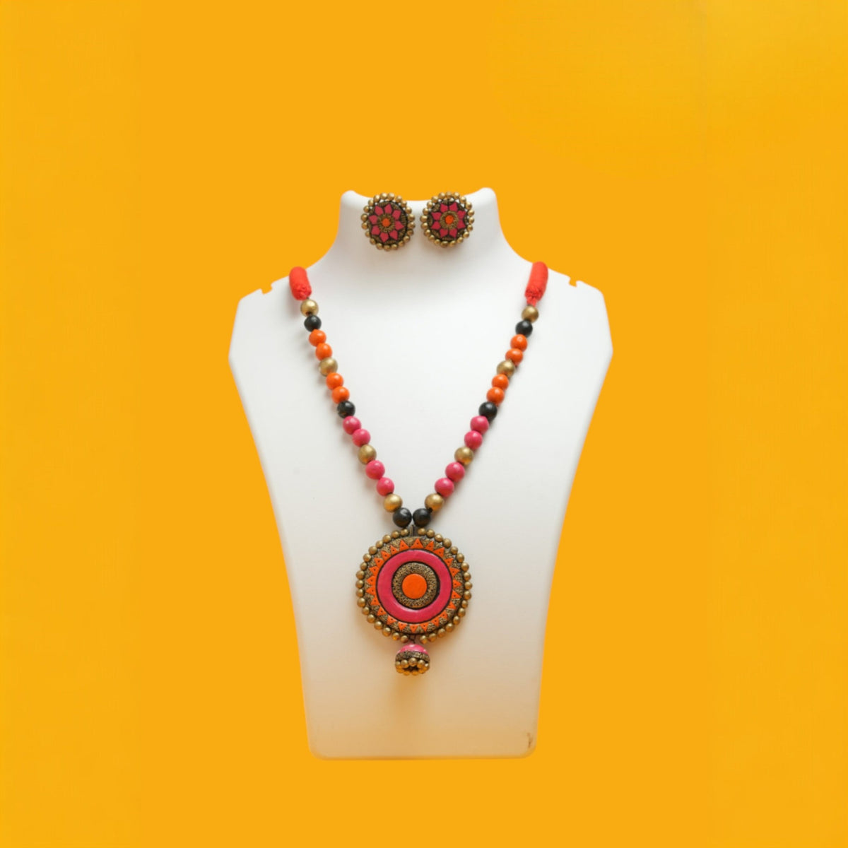 Pink Terracotta Necklace with Round Medallion Pendant – view 5