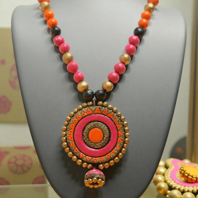 Pink Terracotta Necklace with Round Medallion Pendant – Handmade Malnad Jewellery