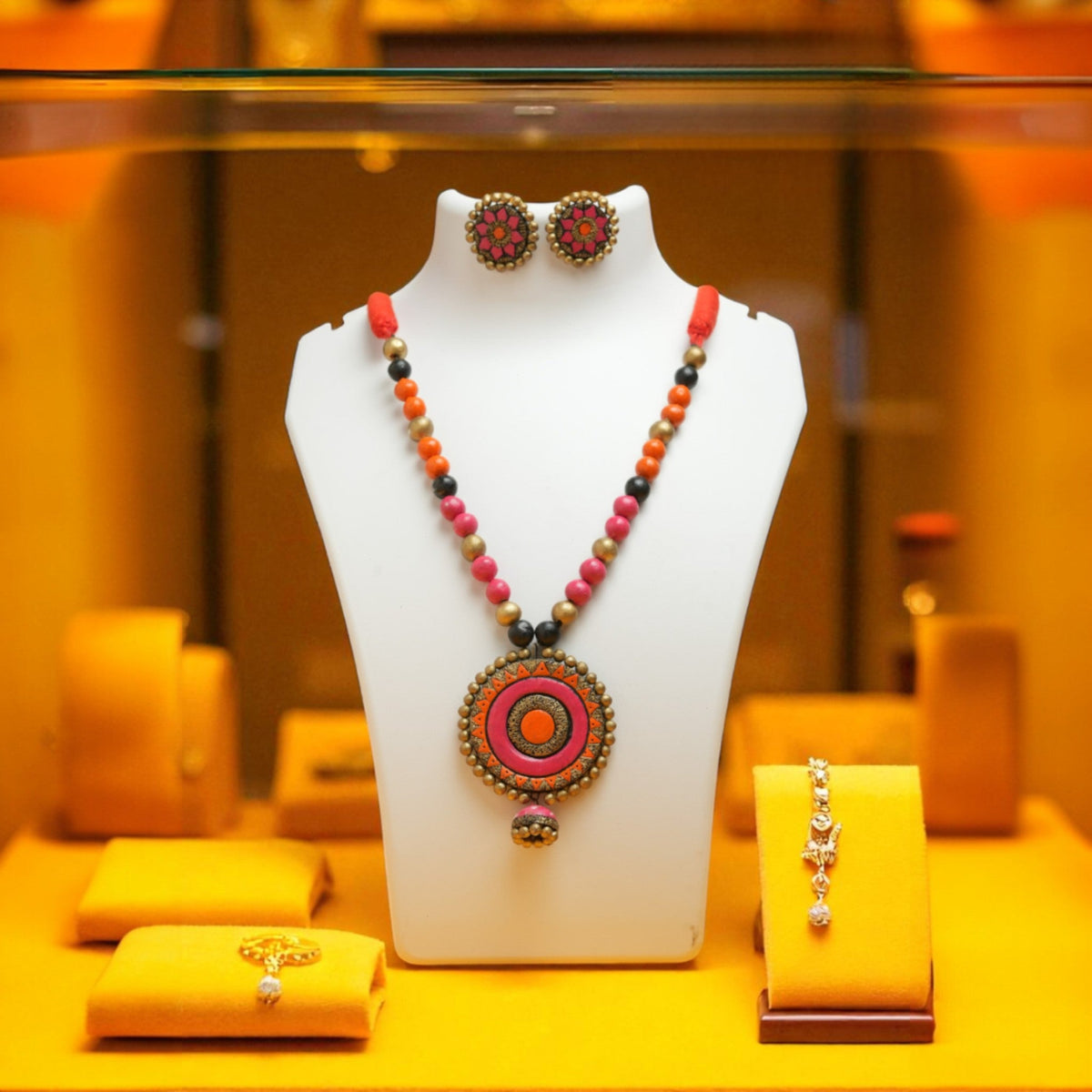 Pink Terracotta Necklace with Round Medallion Pendant – view 3