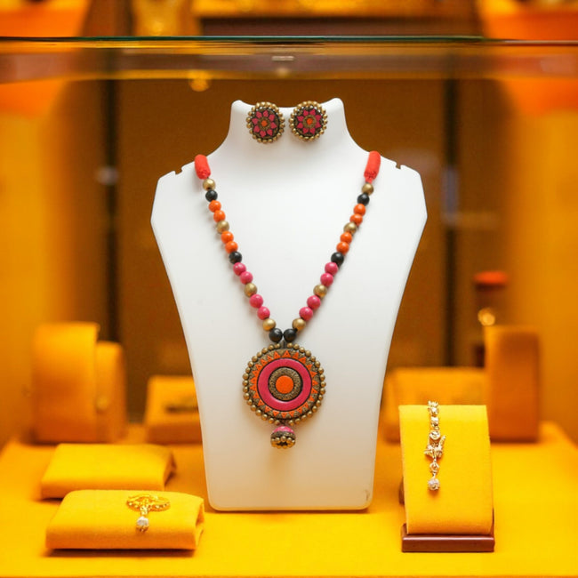 Pink Terracotta Necklace with Round Medallion Pendant – Handmade Malnad Jewellery