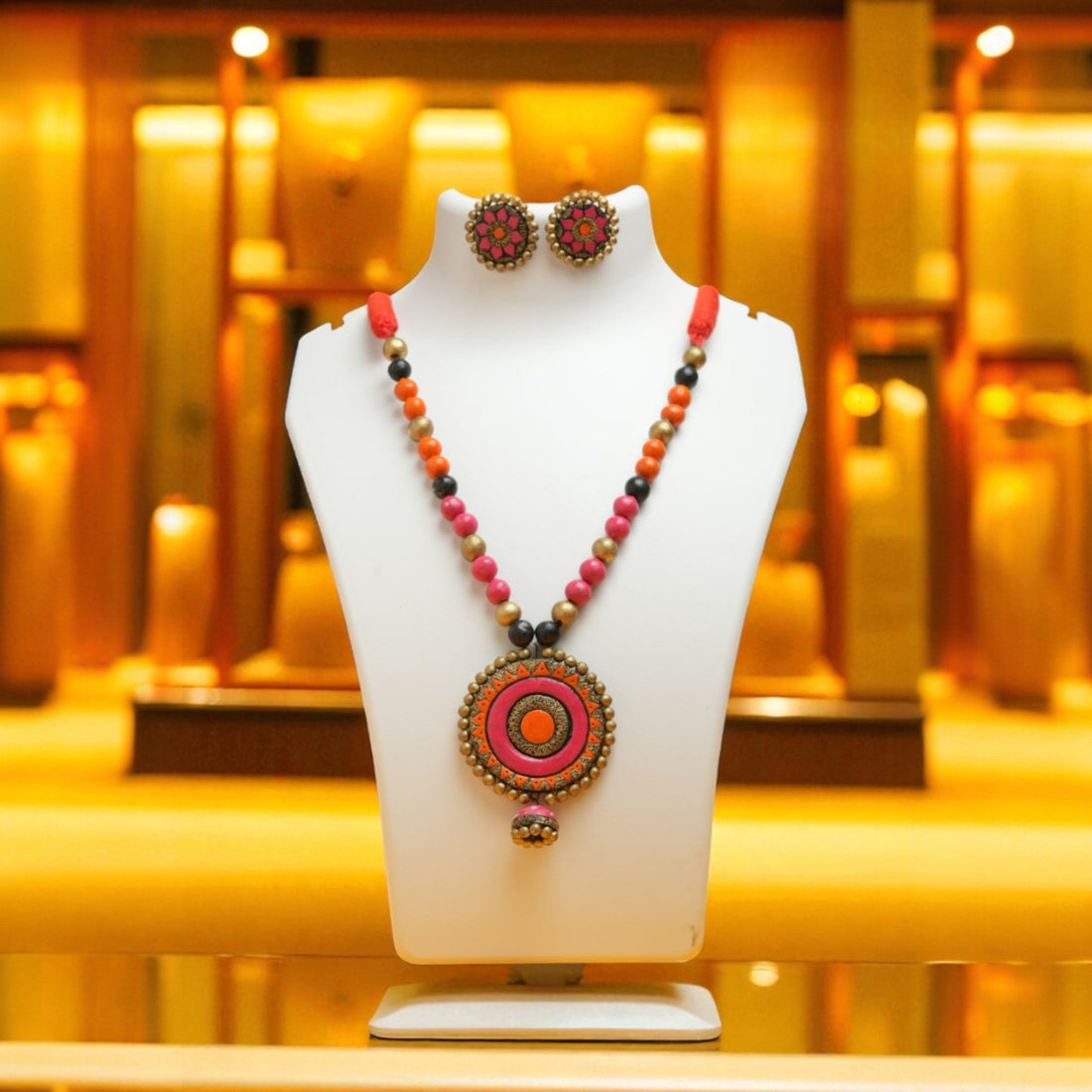 Pink Terracotta Necklace with Round Medallion Pendant