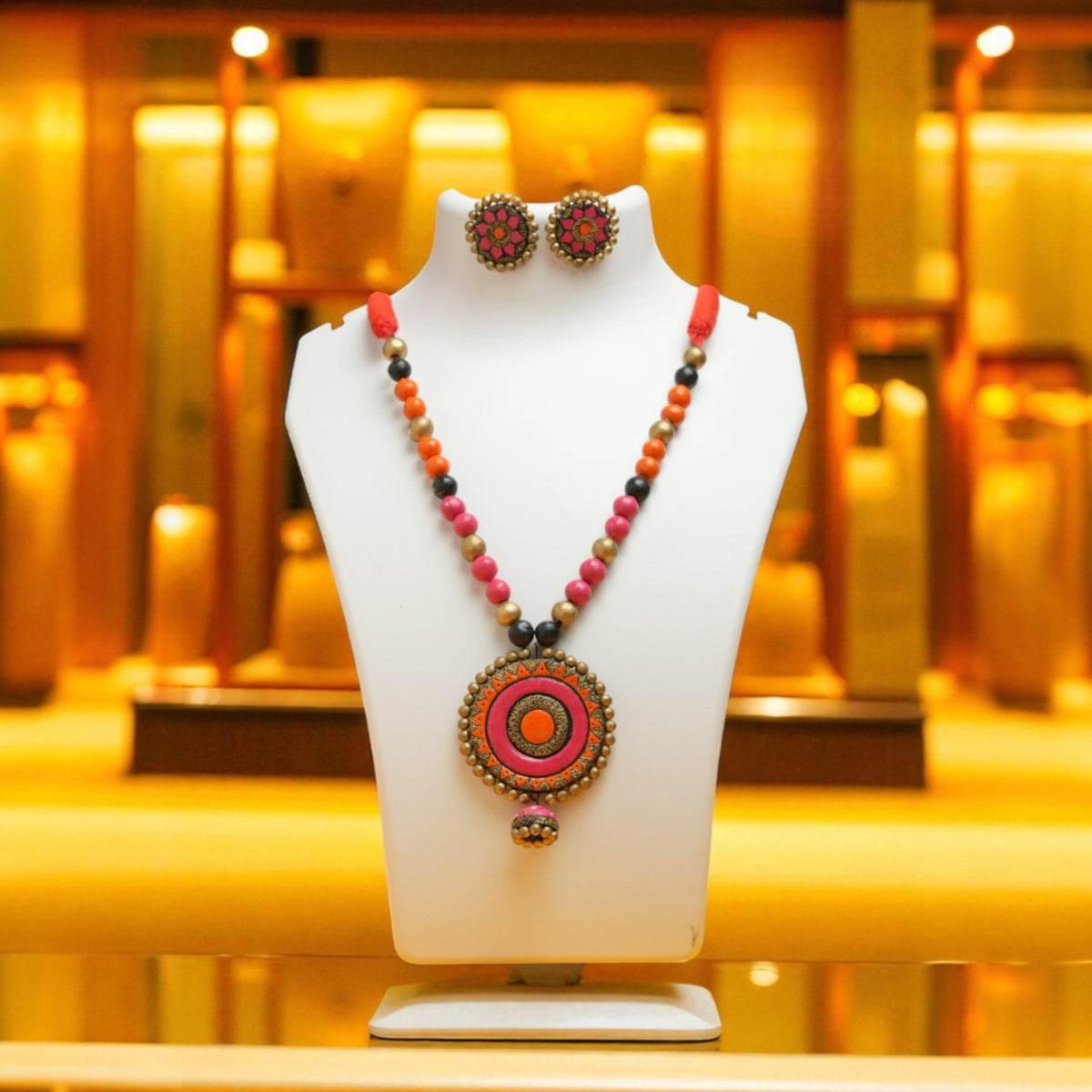 Pink Terracotta Necklace with Round Medallion Pendant – view 2