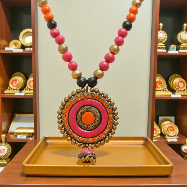 Pink Terracotta Necklace with Round Medallion Pendant – Handmade Malnad Jewellery