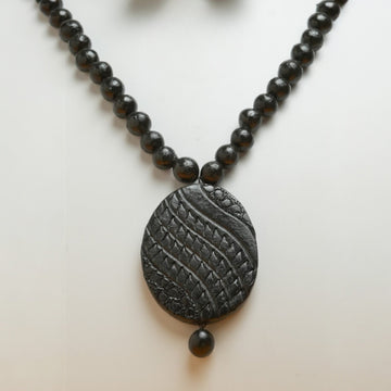 Black Terracotta Necklace with Textured Oval Pendant