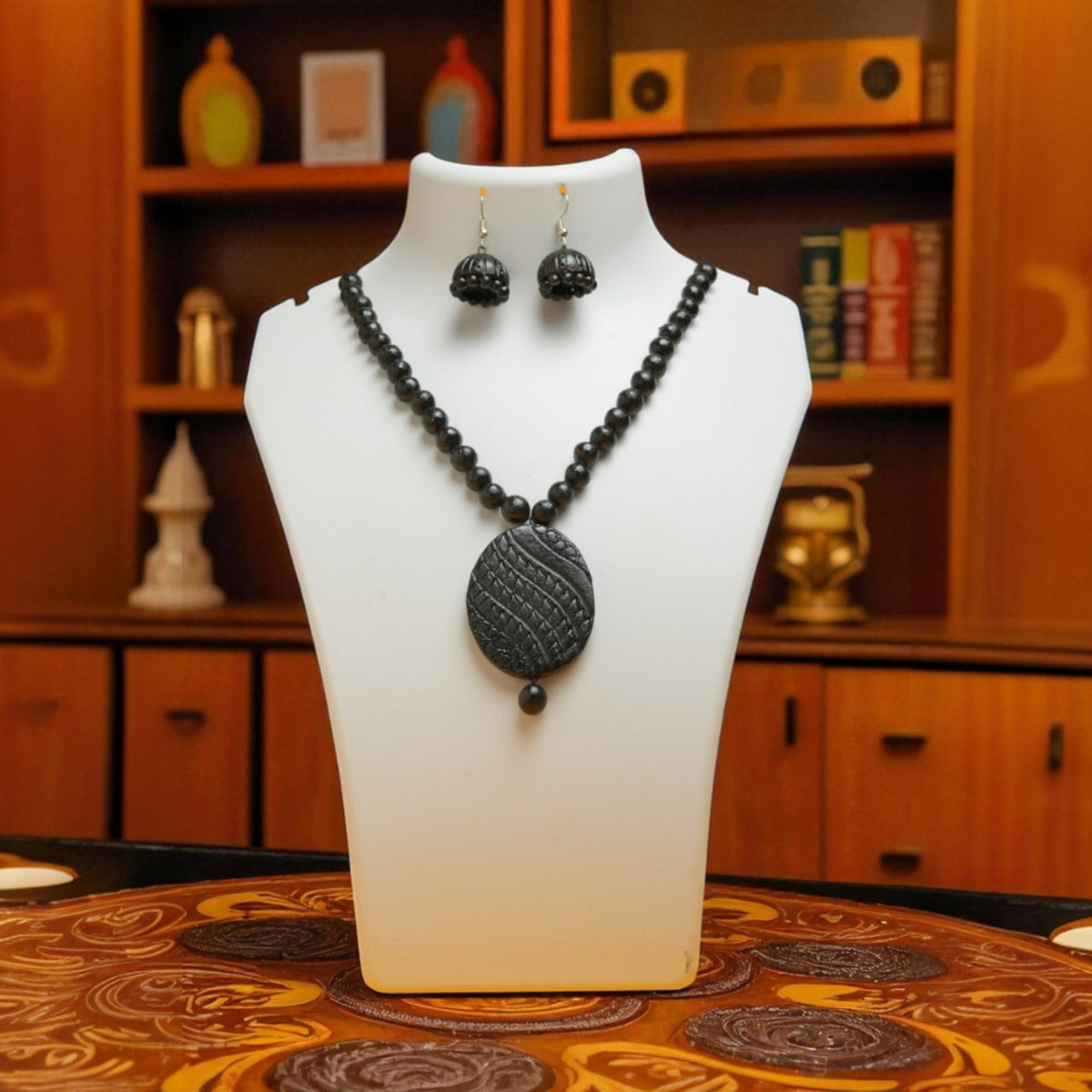 Black Terracotta Necklace with Textured Oval Pendant – view 2