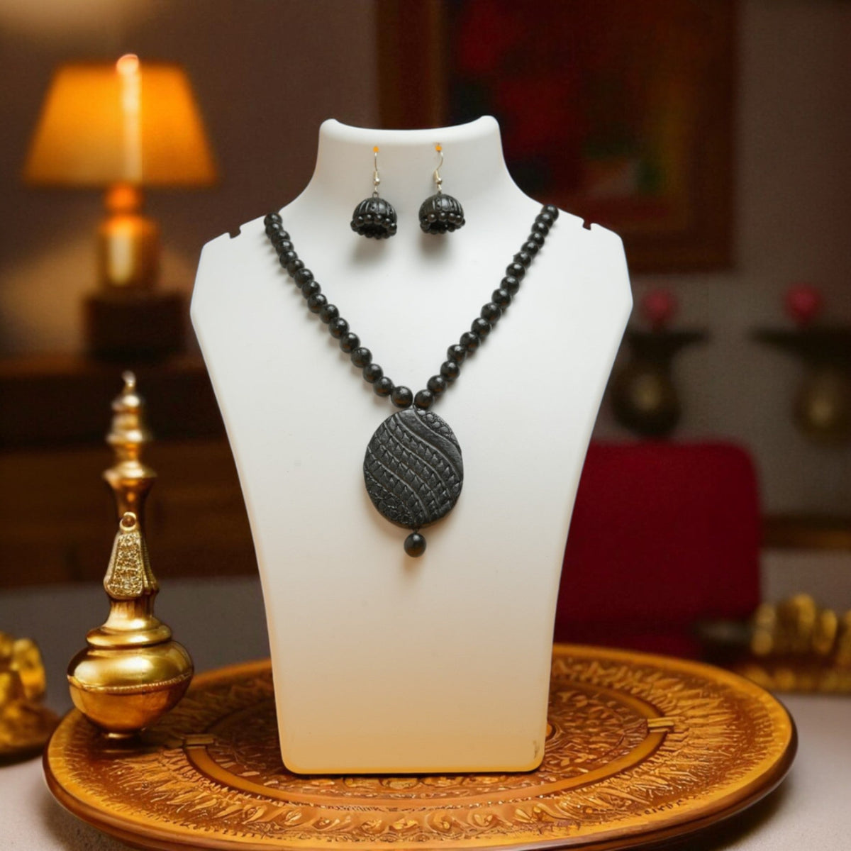Black Terracotta Necklace with Textured Oval Pendant – view 3
