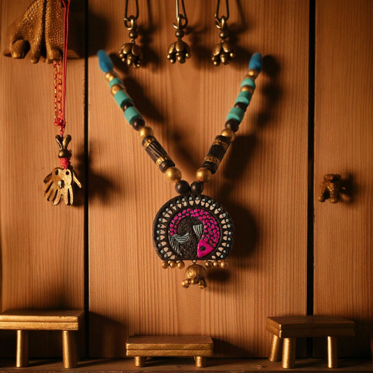 Fish Design Terracotta Necklace with Pink and Gold Pendant