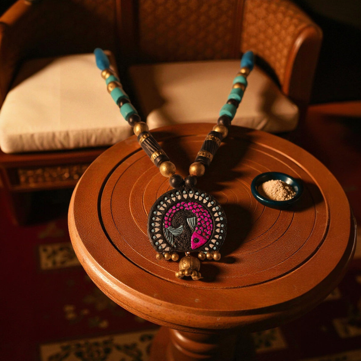 Fish Design Terracotta Necklace with Pink and Gold Pendant – view 2