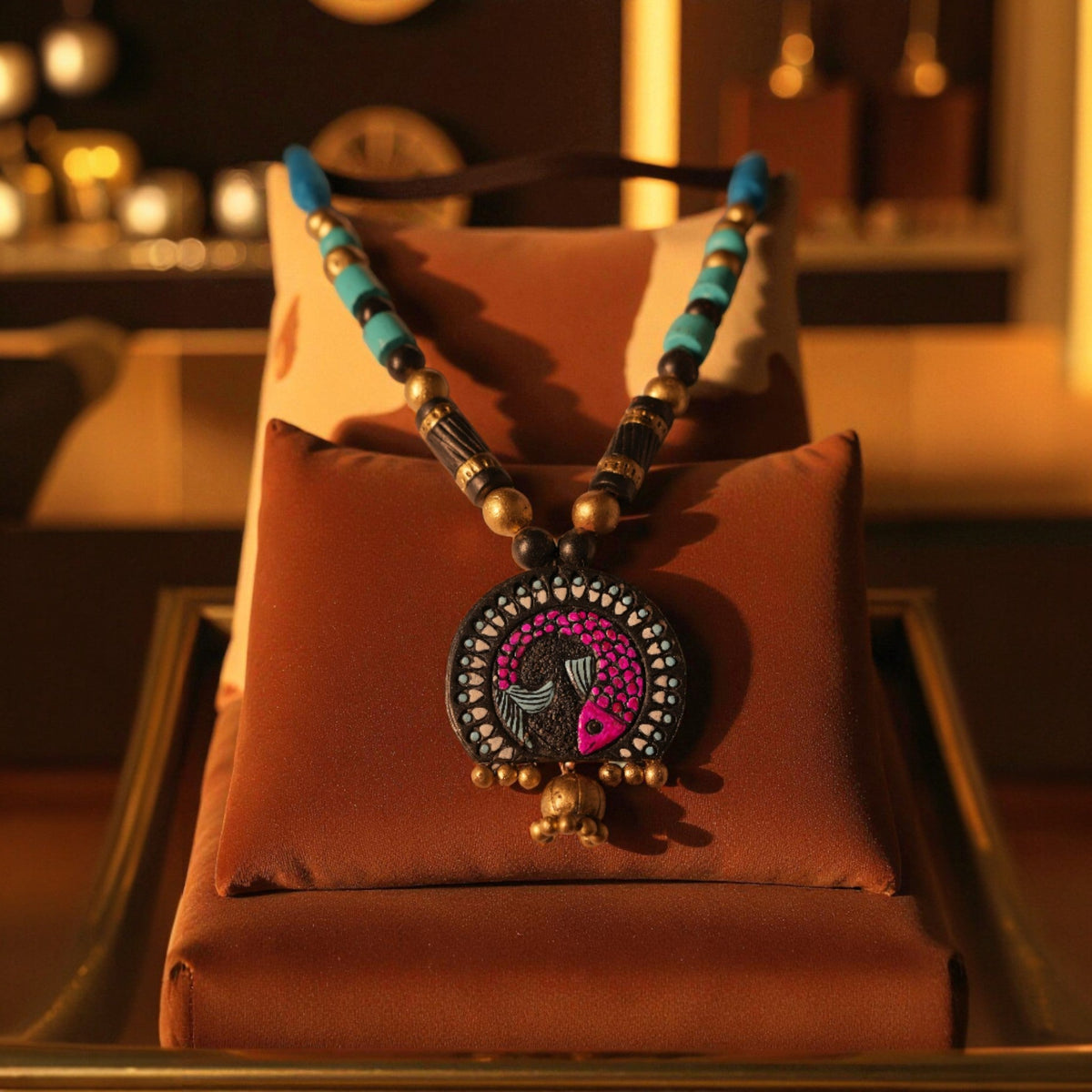 Fish Design Terracotta Necklace with Pink and Gold Pendant – view 3