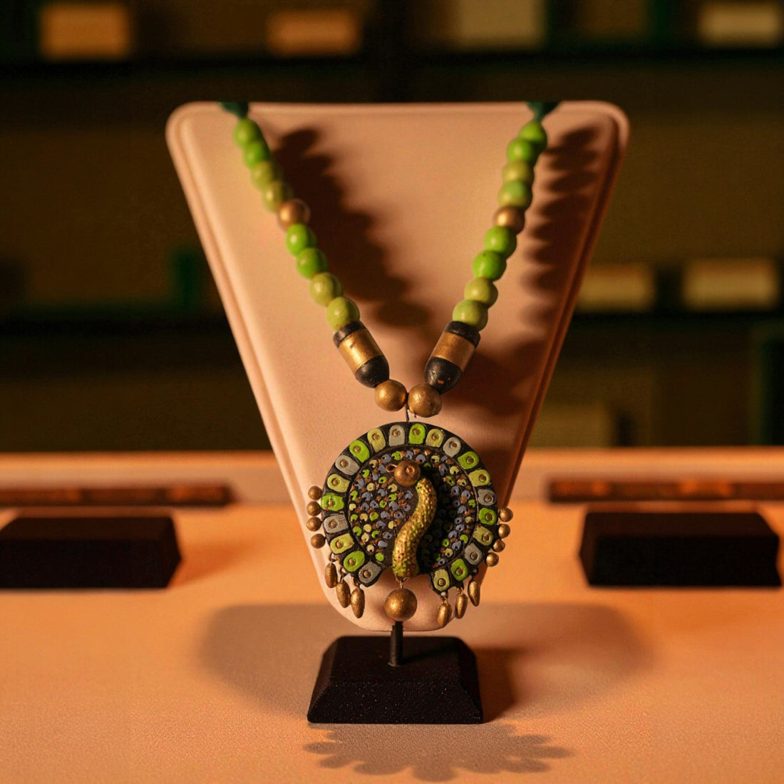 Peacock Terracotta Necklace with Green Beads