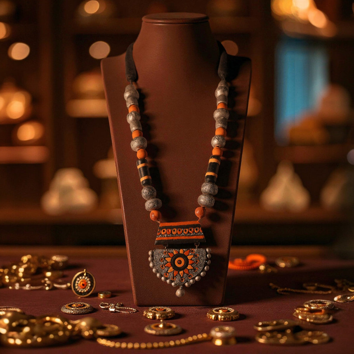 Yellow and Silver Terracotta Necklace with Sun Motif Pendant – view 6