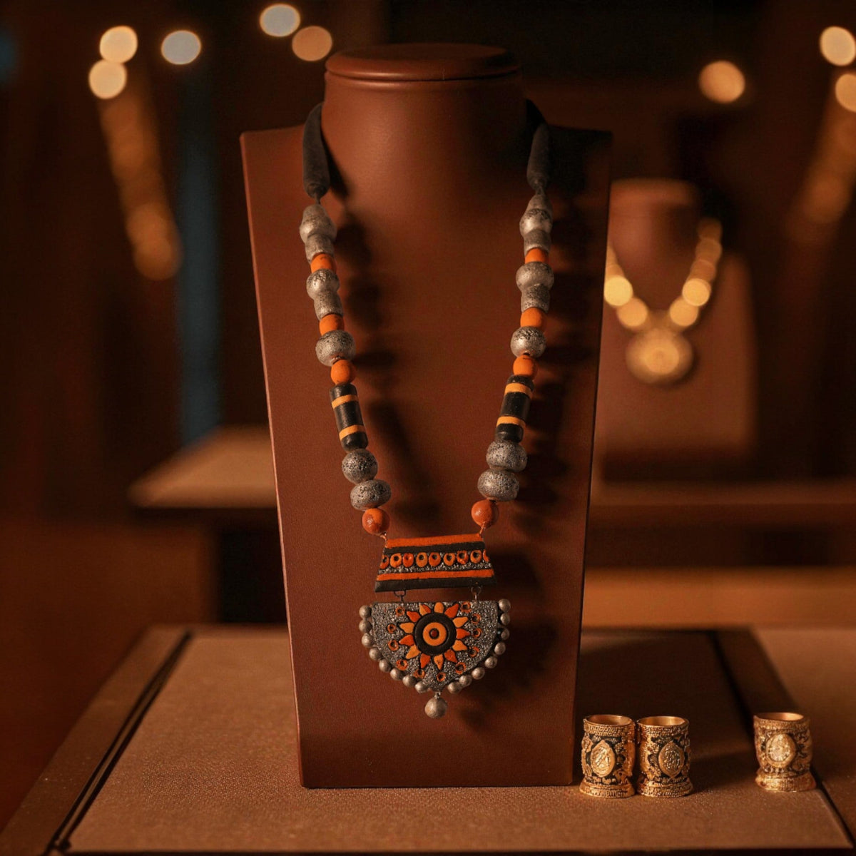 Yellow and Silver Terracotta Necklace with Sun Motif Pendant – view 5