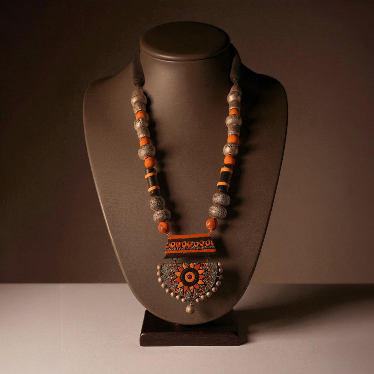 Yellow and Silver Terracotta Necklace with Sun Motif Pendant – view 4