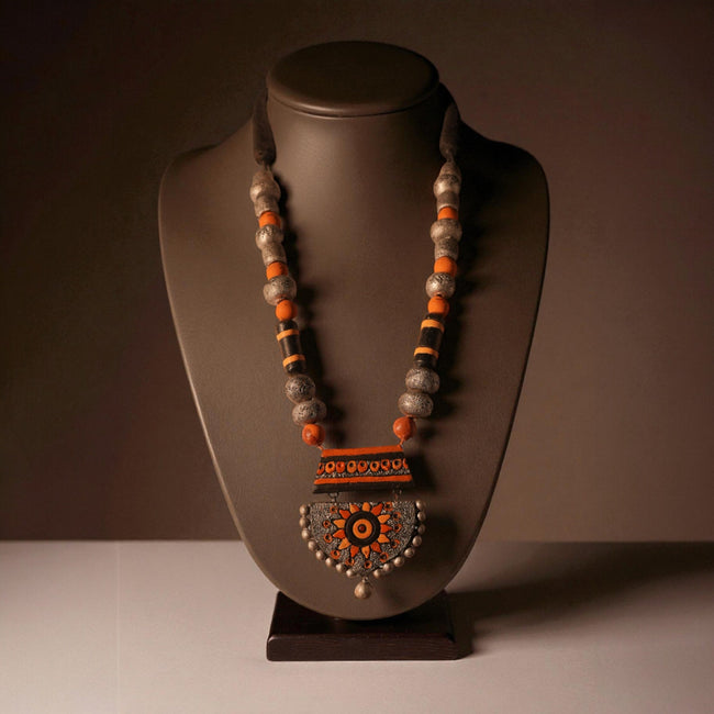 Yellow and Silver Terracotta Necklace with Sun Motif Pendant – Handmade Jewellery