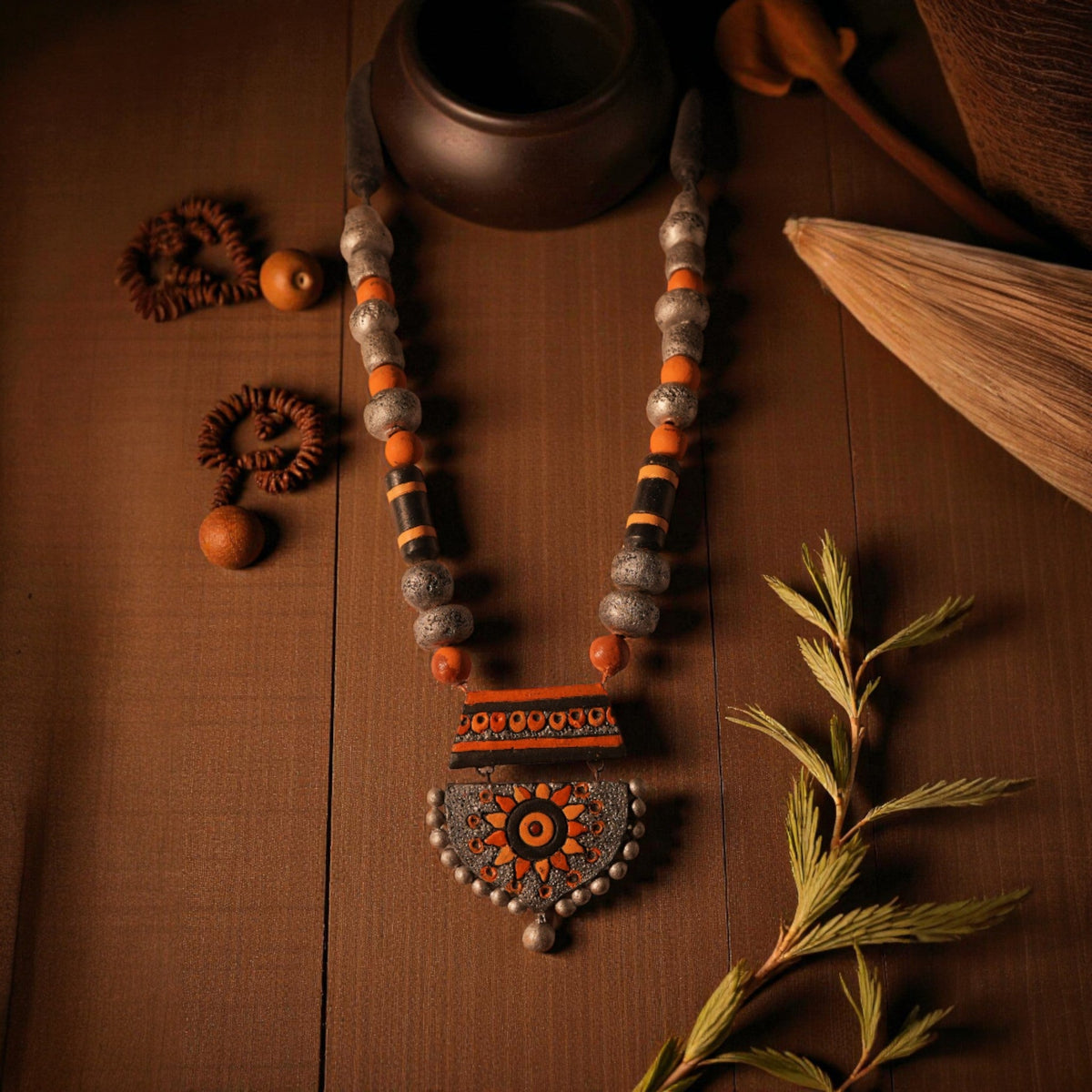 Yellow and Silver Terracotta Necklace with Sun Motif Pendant – view 3