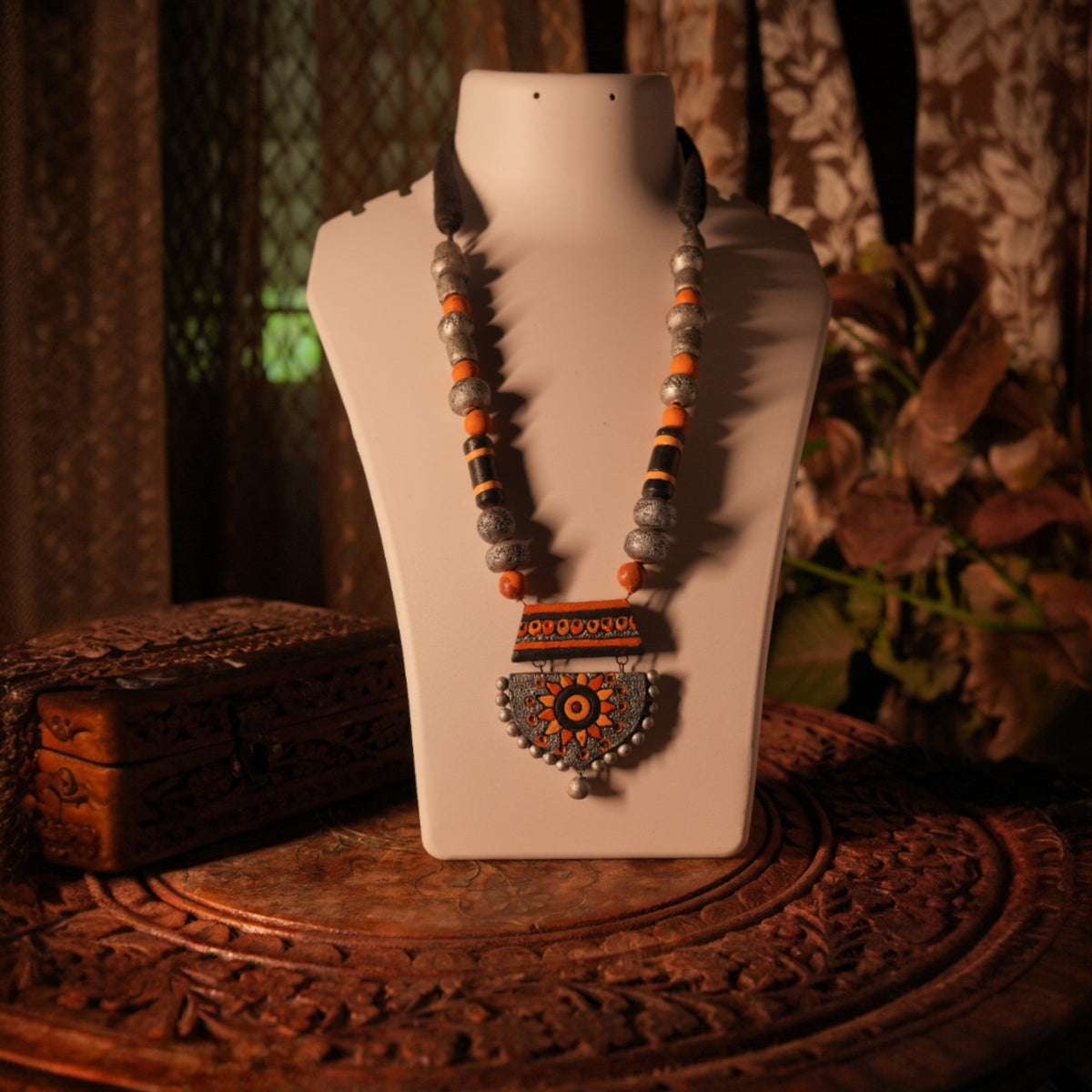 Yellow and Silver Terracotta Necklace with Sun Motif Pendant – view 2