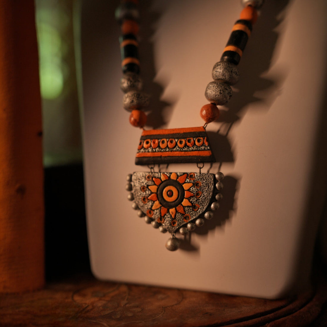 Yellow and Silver Terracotta Necklace with Sun Motif Pendant
