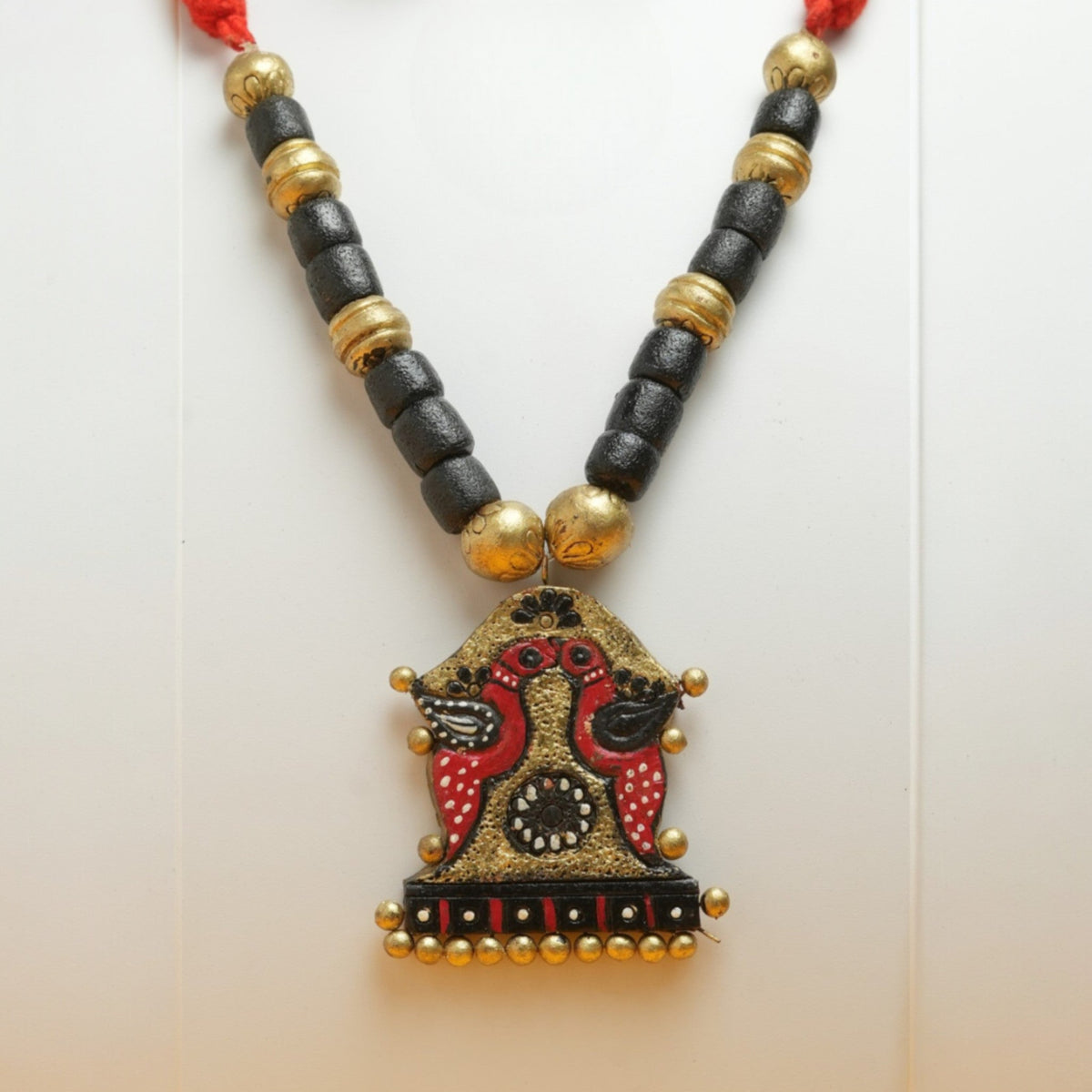 Bird Design Terracotta Necklace with Red and Gold Pendant – view 5