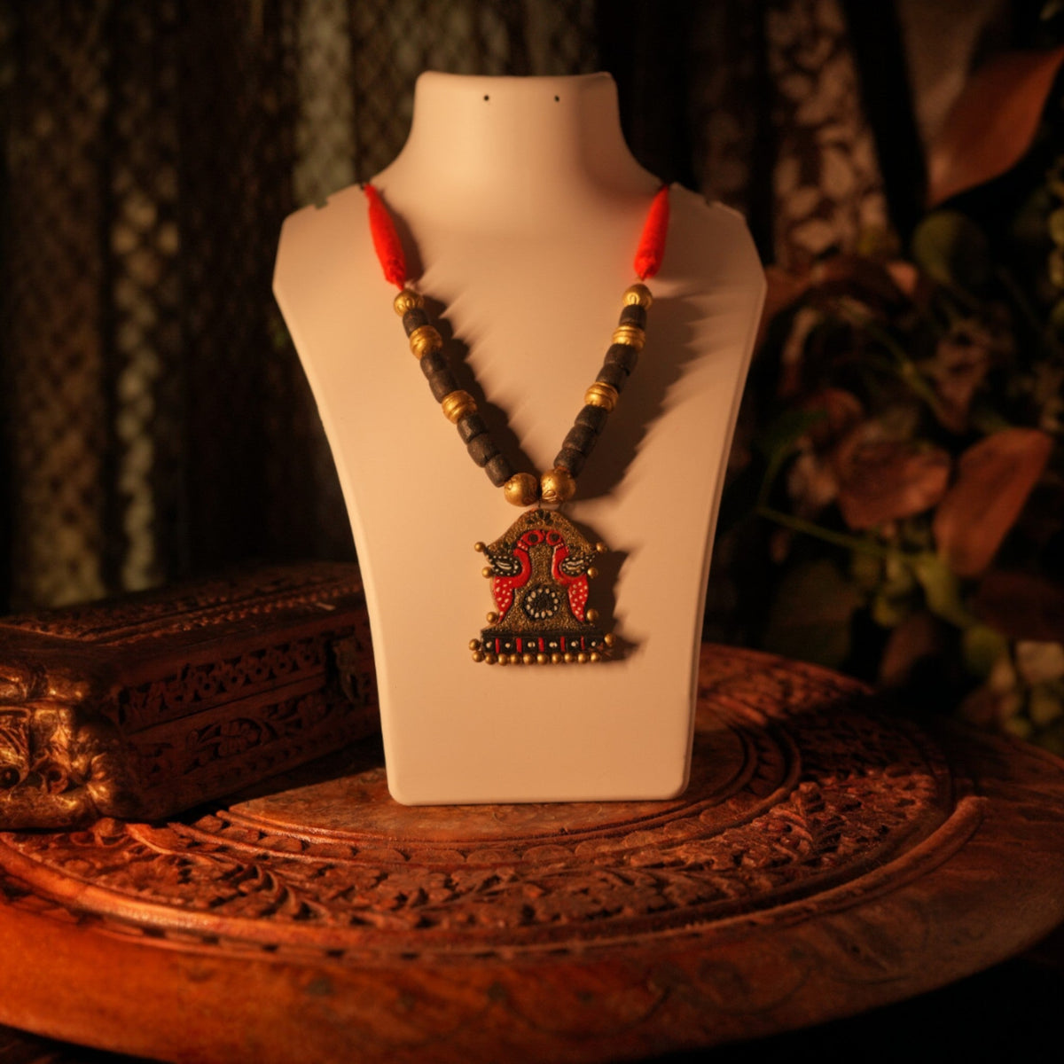 Bird Design Terracotta Necklace with Red and Gold Pendant