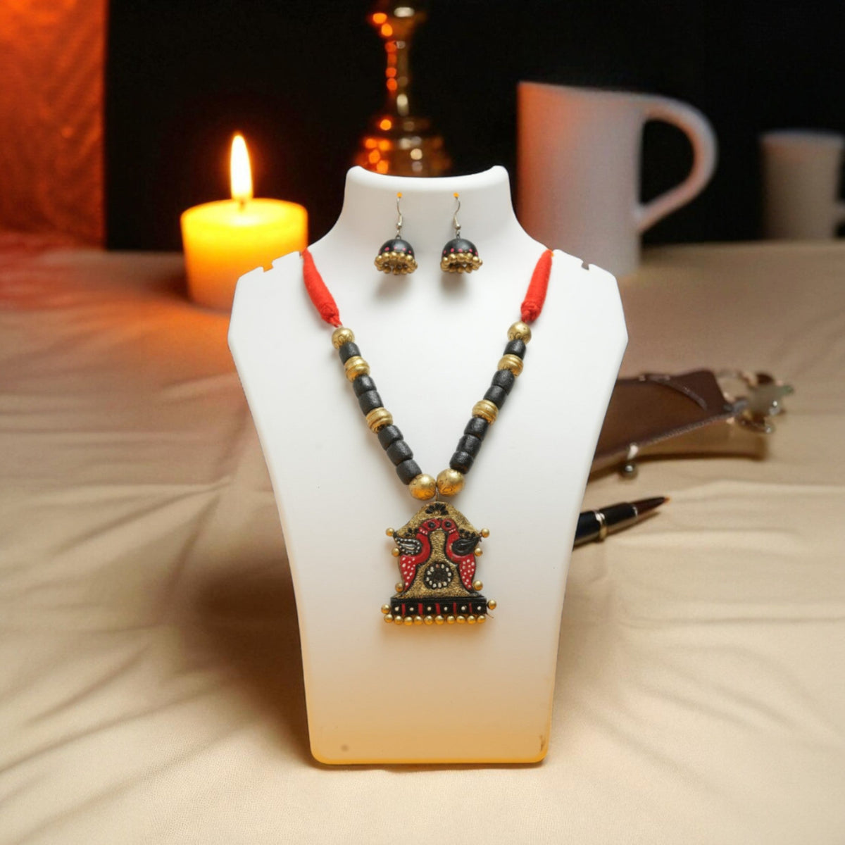 Bird Design Terracotta Necklace with Red and Gold Pendant – view 2