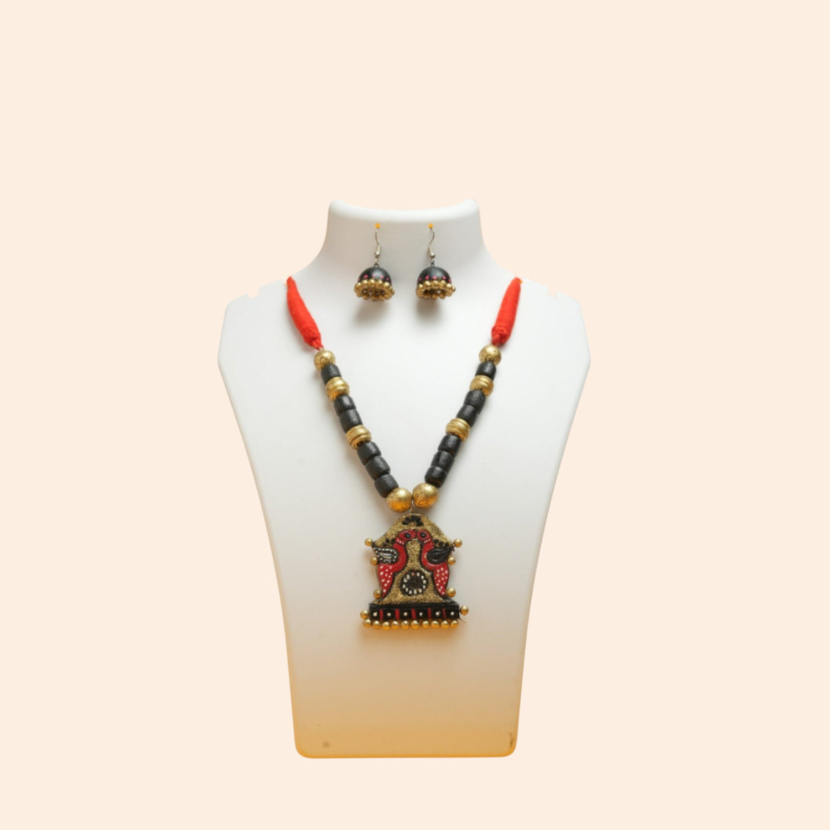 Bird Design Terracotta Necklace with Red and Gold Pendant – view 3