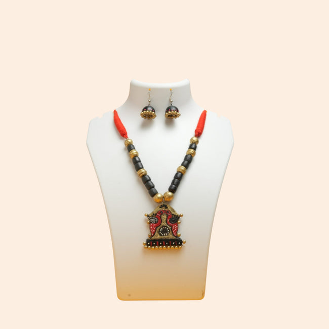 Bird Design Terracotta Necklace with Red and Gold Pendant – Handmade Malnad Jewellery