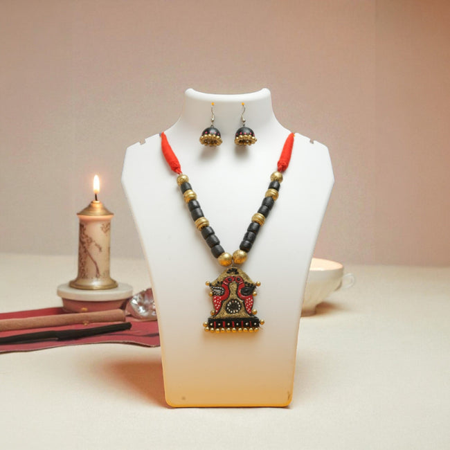 Bird Design Terracotta Necklace with Red and Gold Pendant – Handmade Malnad Jewellery