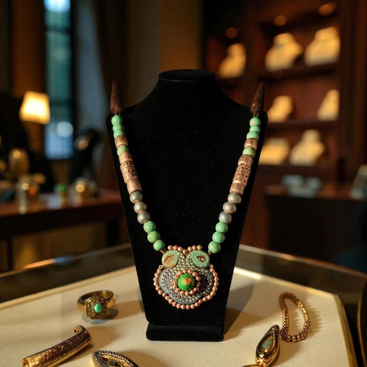 Green Terracotta Necklace with Floral Pendant – view 5