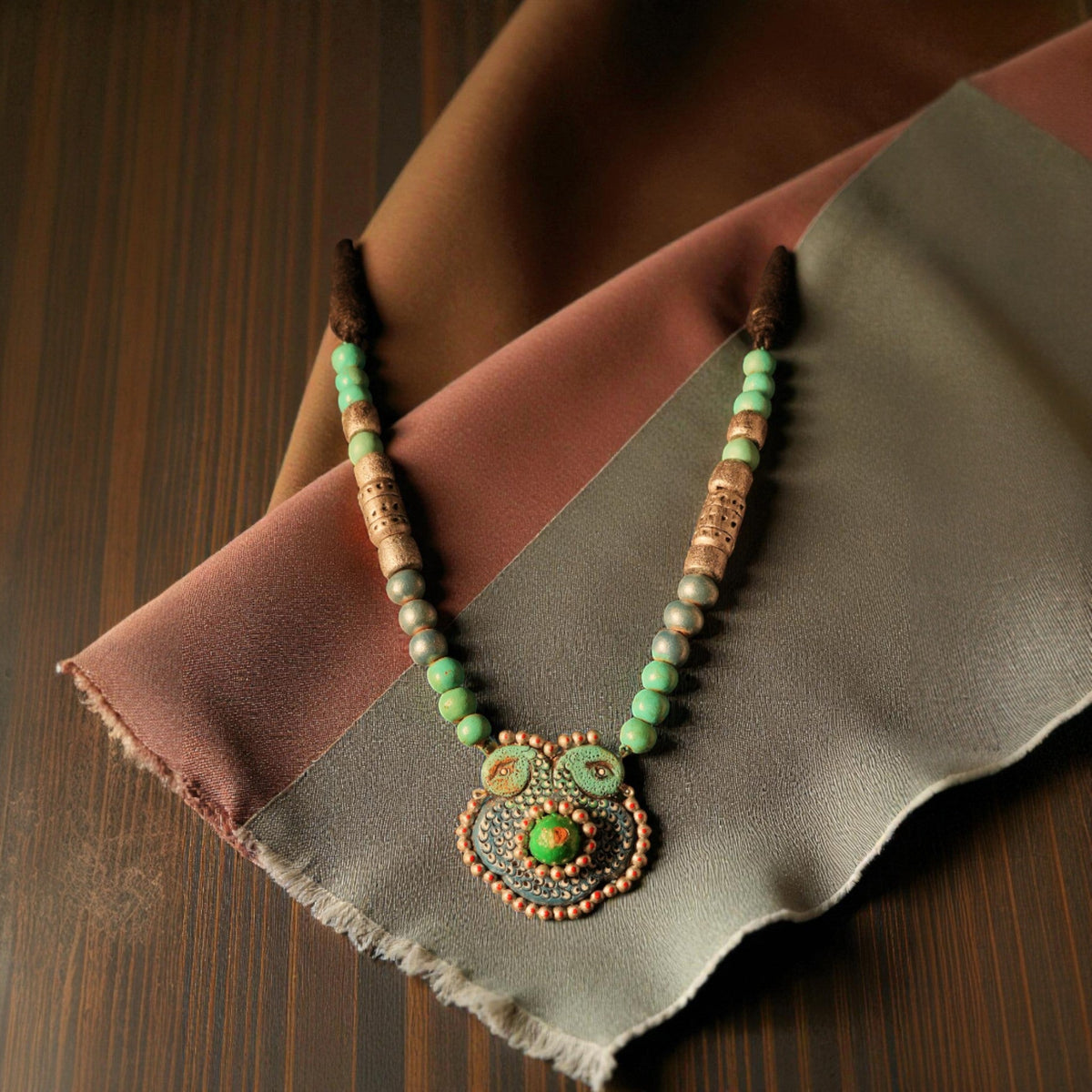 Green Terracotta Necklace with Floral Pendant – view 4