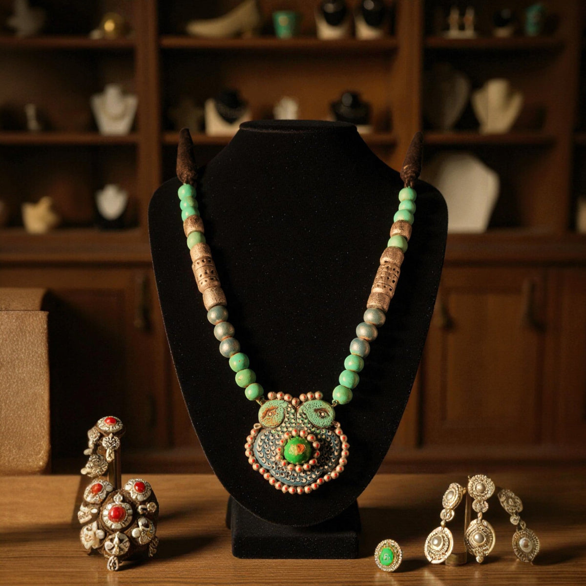 Green Terracotta Necklace with Floral Pendant – view 3